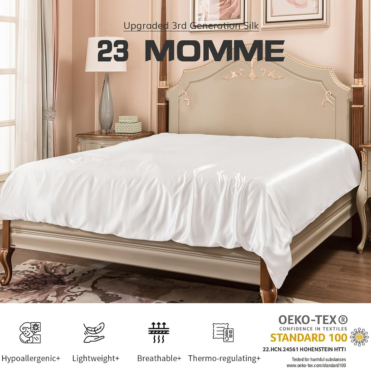100% Mulberry Silk Duvet Cover Set 3Pcs King, 23 Momme Grade 6A+