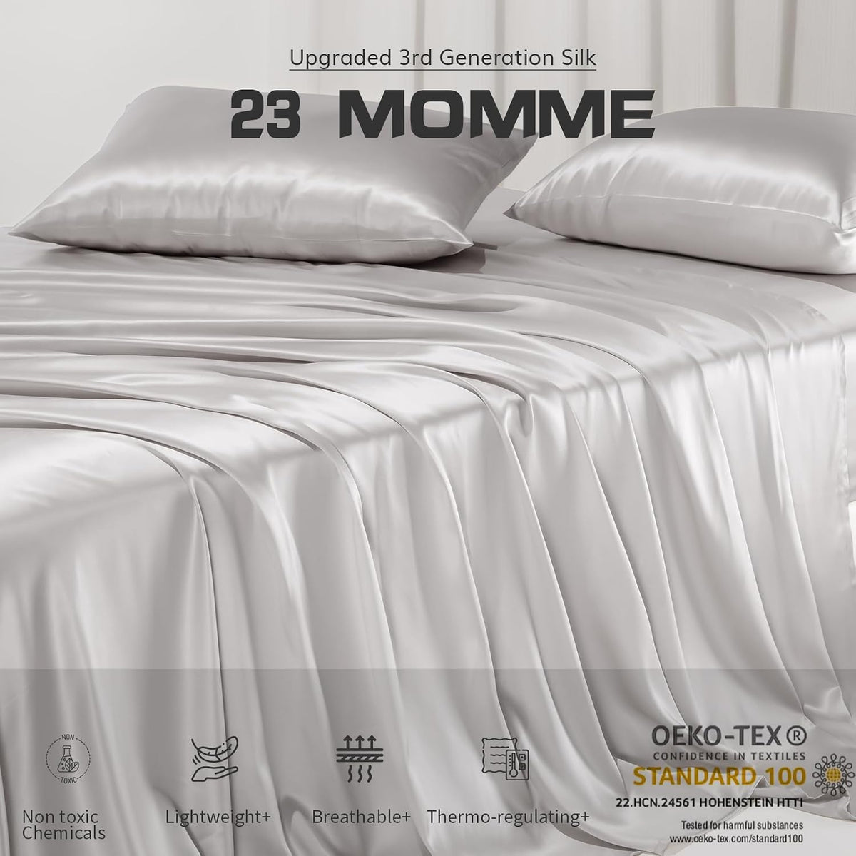100% 23 Momme Mulberry Silk Sheets King Set 4Pcs, Light Grey