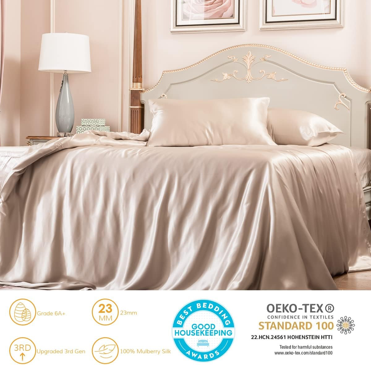 100% Mulberry Silk Duvet Cover Set 3Pcs King, 23 Momme Grade 6A+