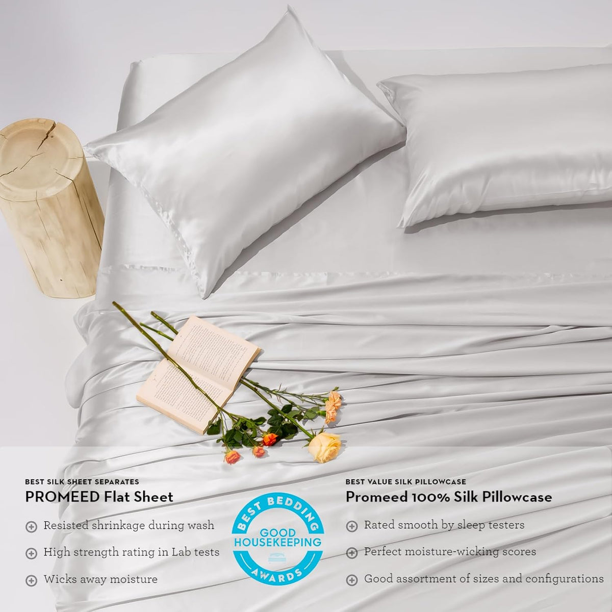 100% 23 Momme Mulberry Silk Sheets King Set 4Pcs, Light Grey