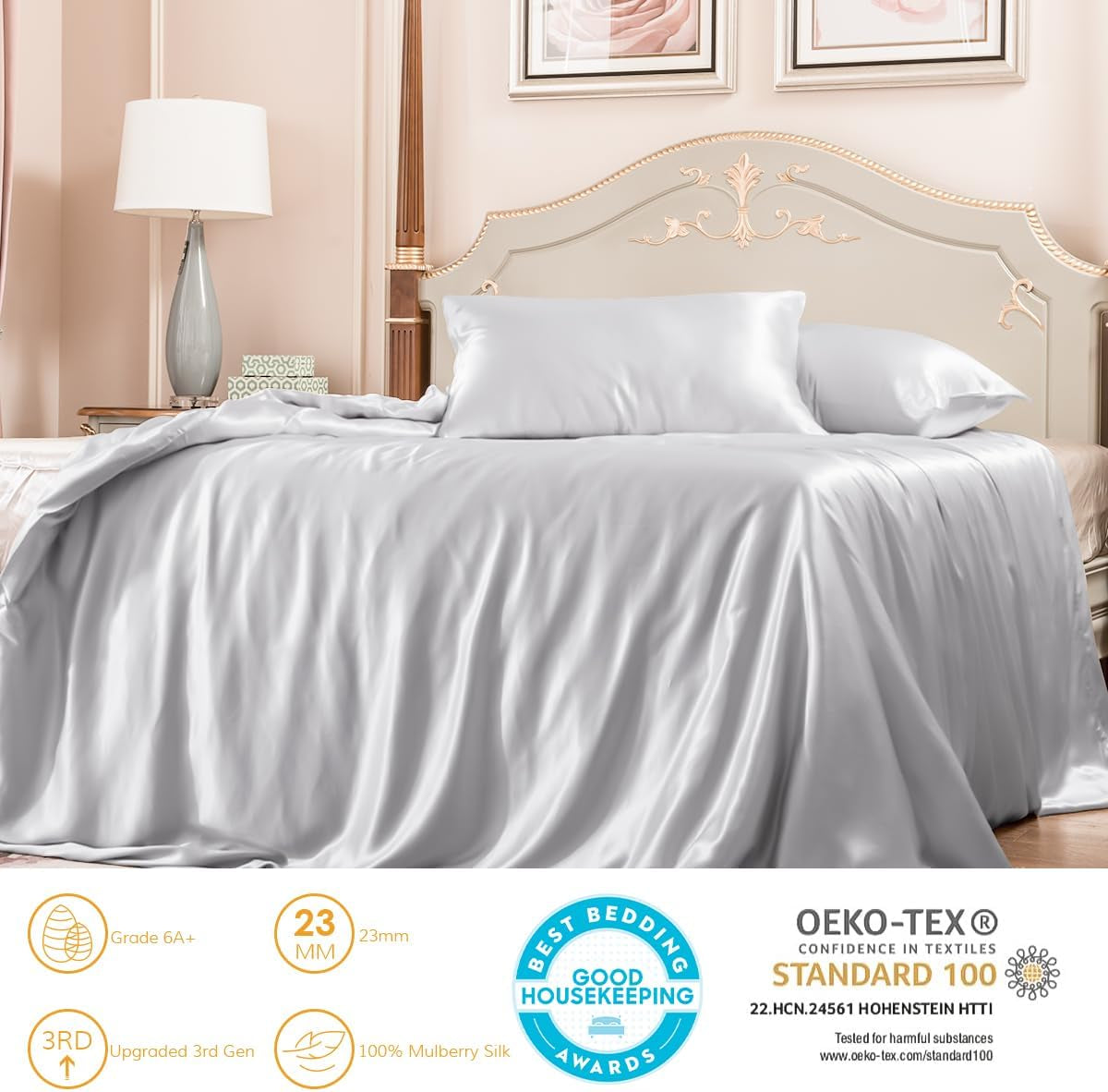 100% Mulberry Silk Duvet Cover Set 3Pcs King, 23 Momme Grade 6A+