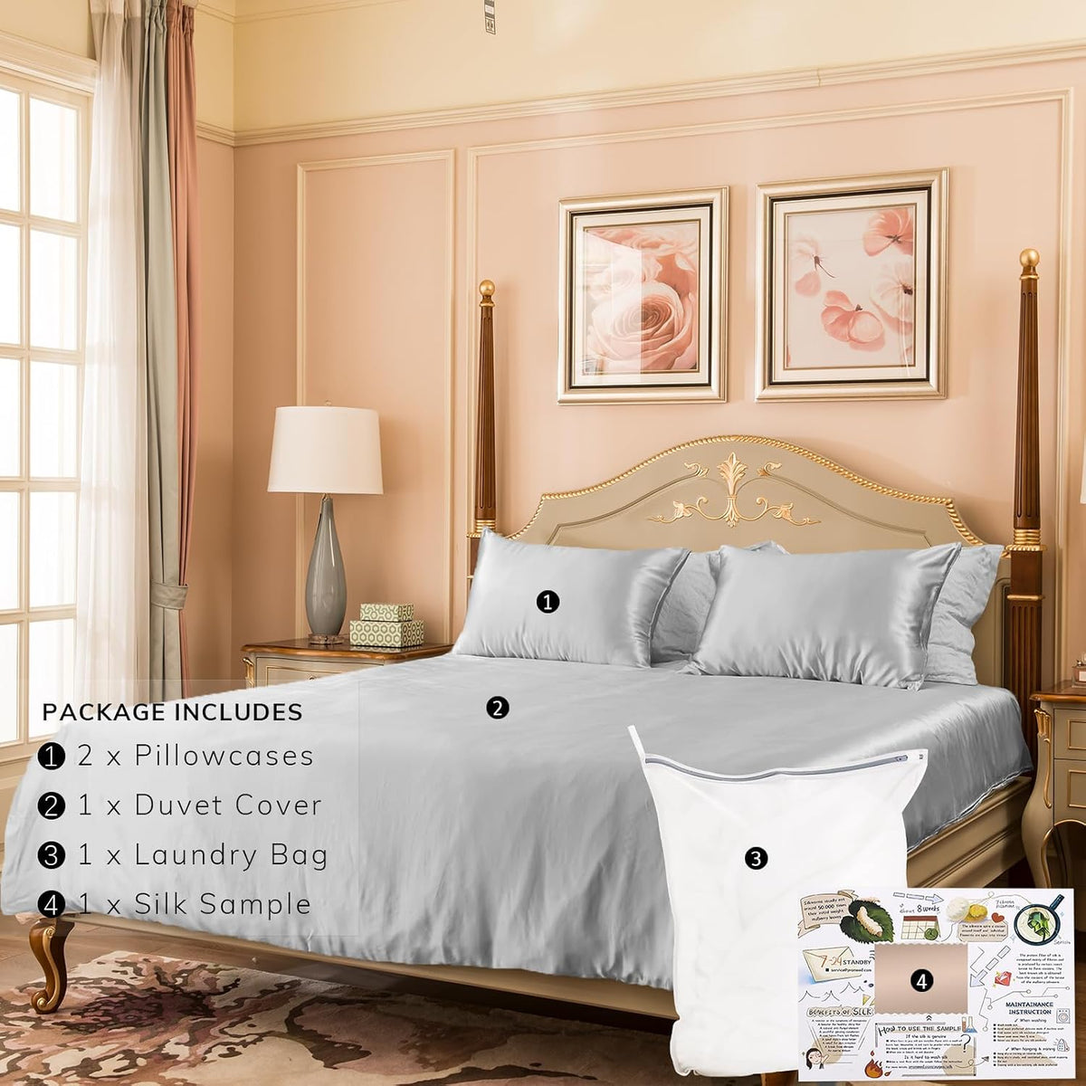 100% Mulberry Silk Duvet Cover Set 3Pcs King, 23 Momme Grade 6A+