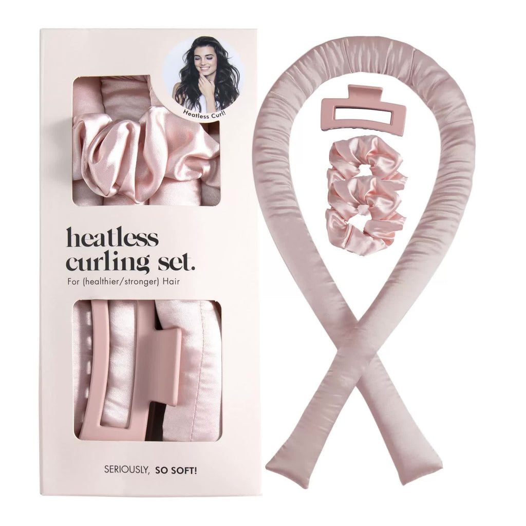 NNEDSZ 5PCS Pink Heatless Hair Curling Set with Scrunchie and Hair Clip - Silk Curling Ribbon