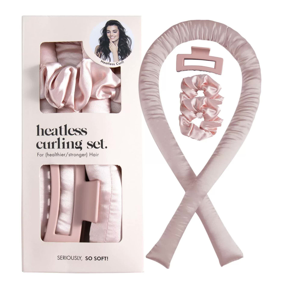 NNEDSZ 5PCS Pink Heatless Hair Curling Set with Scrunchie and Hair Clip - Silk Curling Ribbon