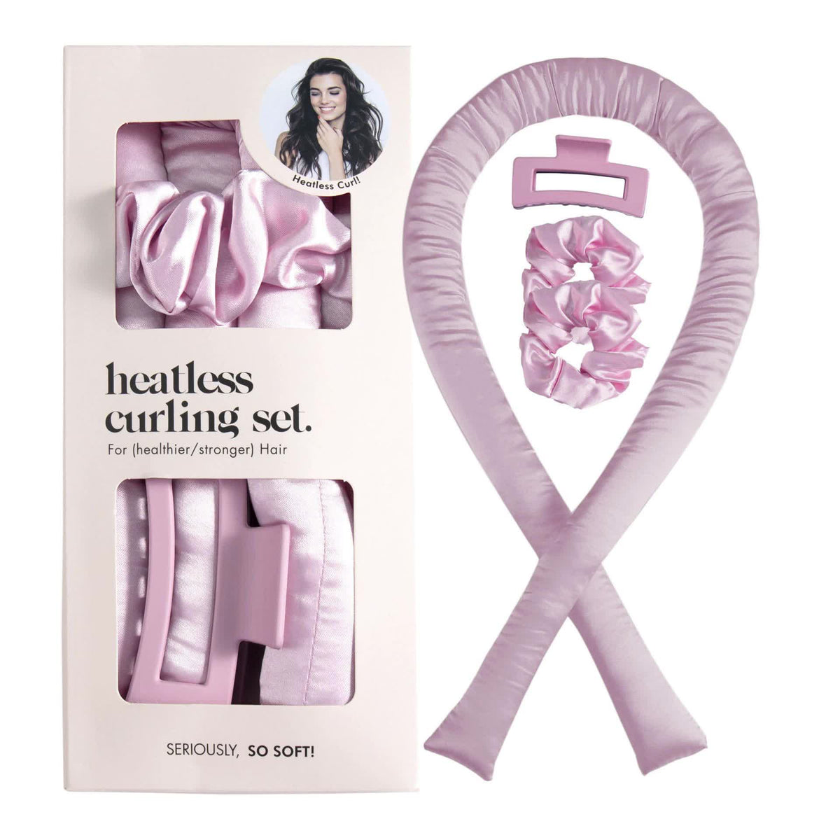 NNEDSZ 5PCS Peach Pink Heatless Hair Curling Set with Scrunchie and Hair Clip - Silk Curling Ribbon