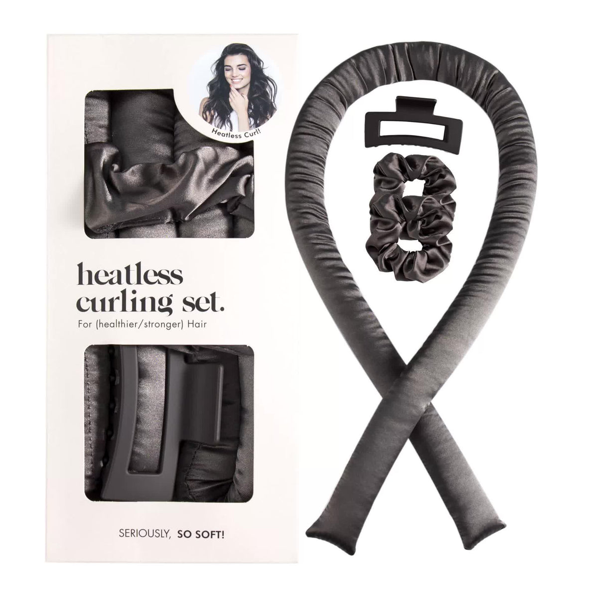 NNEDSZ 5PCS Gray Heatless Hair Curling Set with Scrunchie and Hair Clip - Silk Curling Ribbon