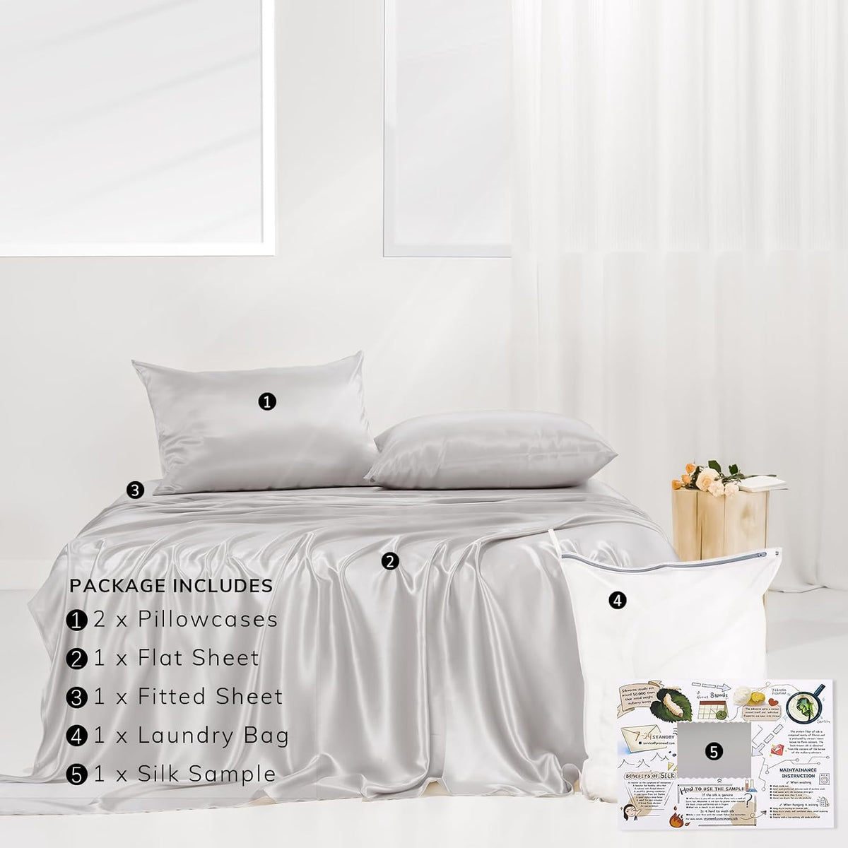 100% 23 Momme Mulberry Silk Sheets King Set 4Pcs, Light Grey