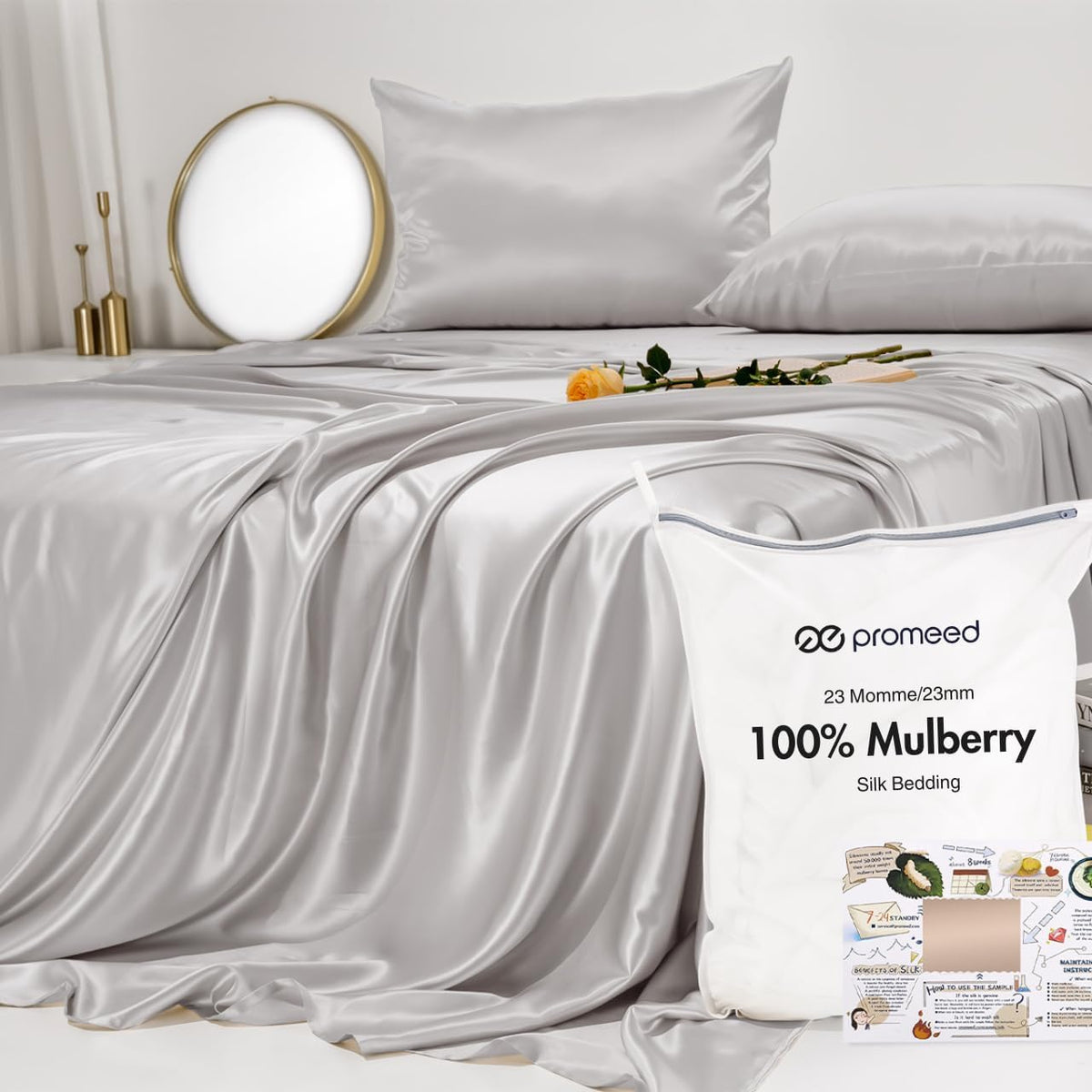 100% 23 Momme Mulberry Silk Sheets King Set 4Pcs, Light Grey