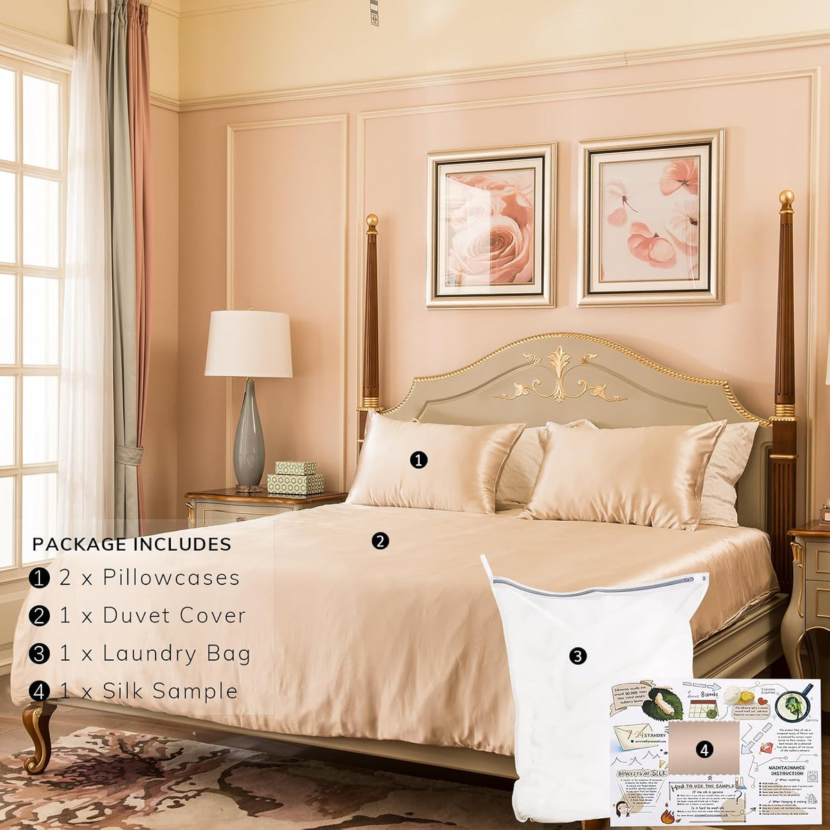 100% Mulberry Silk Duvet Cover Set 3Pcs King, 23 Momme Grade 6A+