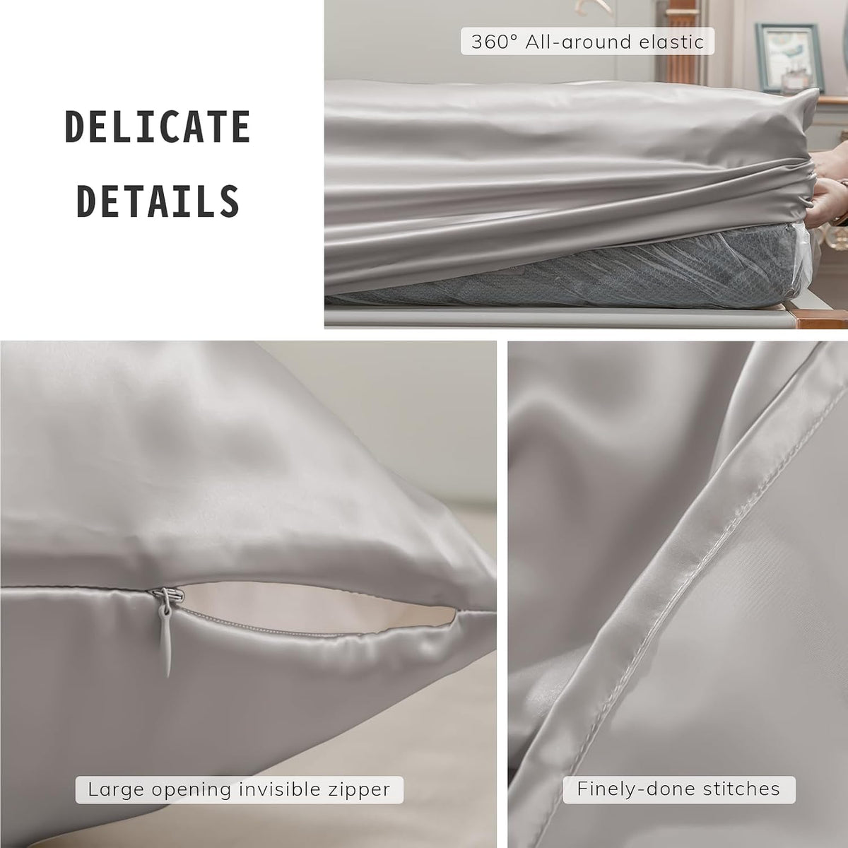 100% 23 Momme Mulberry Silk Sheets King Set 4Pcs, Light Grey